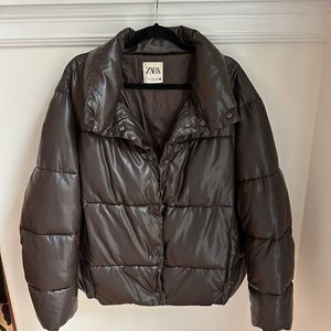 Zara Brown Faux Leather Puffer Jacket XL